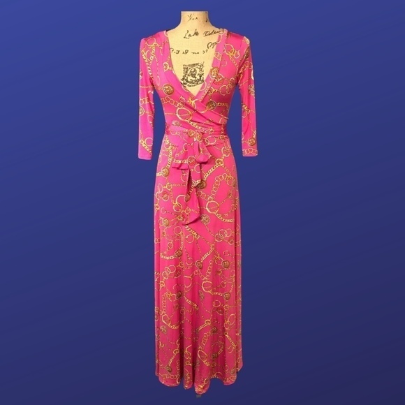 Janette FASHIONS Surplice Wrap MAXI Dress, PINK/GOLD CHAIN Print, Size S, EUC - Picture 3 of 11